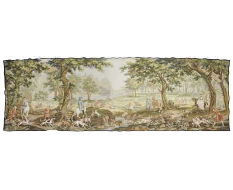A VERDURE TAPESTRYBY JOHN EDGINGTON, 20TH CENTURYmachine woven in wool, depicting an 18th century hunting scene, the figures 
