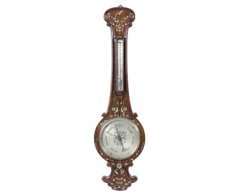 λ AN EARLY VICTORIAN ROSEWOOD WHEEL BAROMETERC.1850-60with silvered dials and thermometer registers the case inlaid with moth