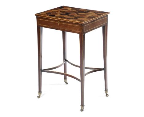 A LATE GEORGE III PURPLEHEART AND SPECIMEN WOOD WORK TABLEATTRIBUTED TO GILLOWS, C.1800-10the hinged lid inlaid with cube par