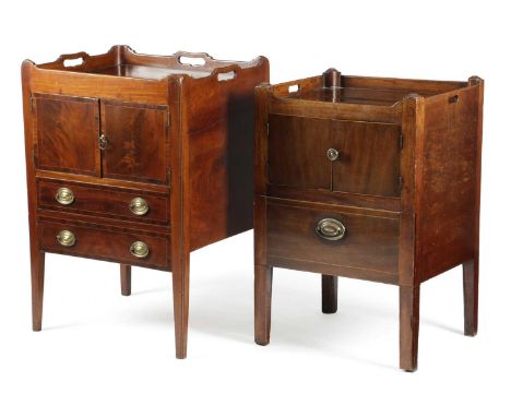 TWO GEORGE III MAHOGANY TRAY-TOP BEDSIDE COMMODESLATE 18TH CENTURYeach with a gallery pierced with handgrips above a cupboard