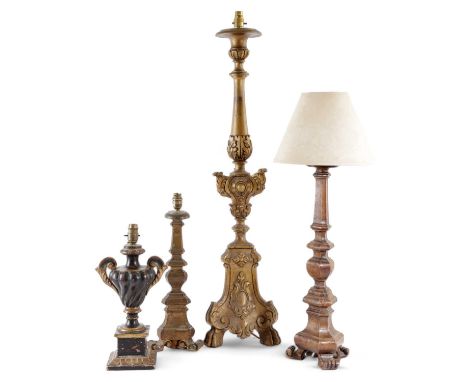 AN ITALIAN GILT AND PAINTED WOOD ALTAR CANDLESTICK LAMP IN BAROQUE STYLE, 19TH CENTURYtogether with two further similar small