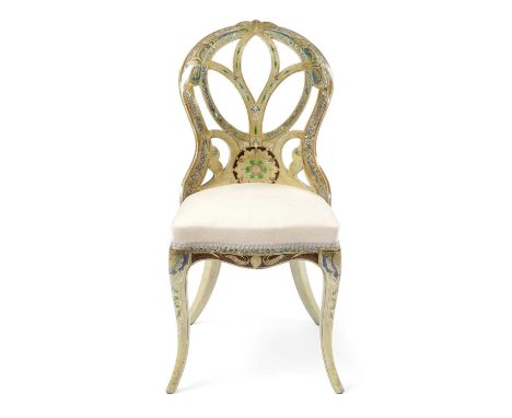 AN EARLY VICTORIAN CREAM PAINTED PAPIER-MÂCHÉ CHAIRC.1850inlaid with mother of pearl and with a pierced backProvenanceThe con