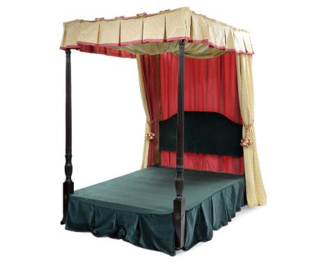 A GEORGE III MAHOGANY FOUR POSTER BEDLATE 18TH CENTURY AND LATERwith a silk pelmet and drapes, with reeded and stiff leaf car