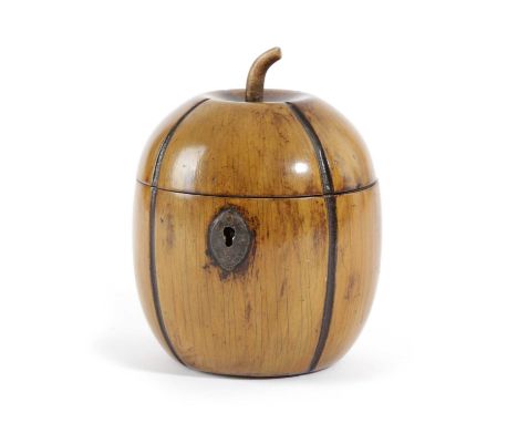 A TREEN FRUITWOOD TEA CADDY IN THE FORM OF A MELON OR SQUASHPROBABLY GERMAN, LATE 18TH / EARLY 19TH CENTURYwith an iron escut