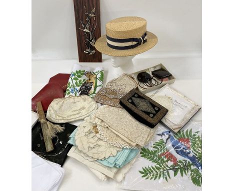 Straw boater, marked 'Superior Finish, Made in England', size 7 with a blue and white band, two vintage beaded evening bags, 