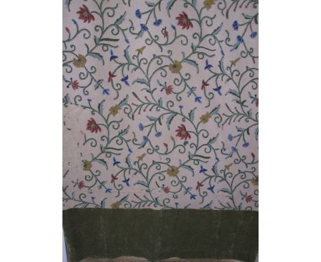 Mid-20th century hand-embroidered crewel-work panel&nbsp;(made into a curtain)&nbsp;featuring floral designs of blue, yellow 