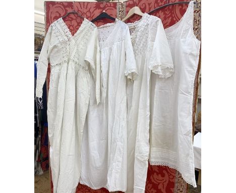 Four Victorian nightdresses&nbsp;with broderie anglaise yokes, lace trim to sleeves (4)&nbsp;Condition ReportThe occasional s