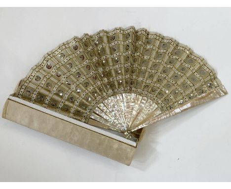 Late 19th Century fan embroidered with silver and gold sequins, mounted on cream mother-of-pearl sticks with box detailing ‘J