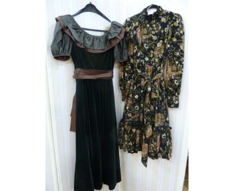 Gina Fratini soft- black velvet dress&nbsp;with brown and rust detail, puff sleeves, frilled scoop neck line, matching sash a