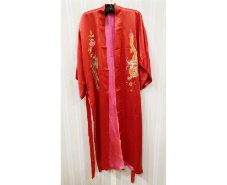 Chinese-style satin dressing gown&nbsp;embroidered with dragons and exotic bird with sash belt&nbsp;