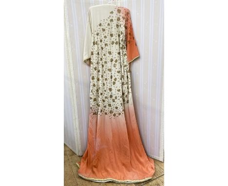 A Japanese silk wedding kimono, cream, printed with gold coloured squares, the sleeves fading and the whole fading into deep 