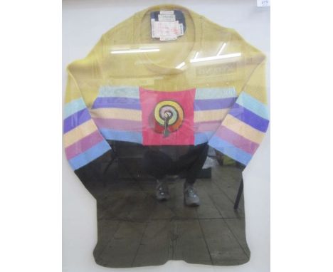 The 'Ritva Man' sweaterAllen Jones c.1971Framed and glazed for displayLabel verso - Evening Standard , Tuesday October 5th 19