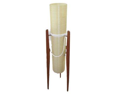 Mid-century Rocket floor lamp possibly by Novoplast, teak tripod frame with fiberglass shade, 112cm highCondition ReportA lit