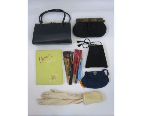Pleated chiffon evening bag&nbsp;with bead decoration, a 1940's evening bag&nbsp;fitted four compact powder, rouge, etc (the 