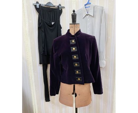 Yves Saint Laurent 'Rive Gauche' short purple velvet jacket with military-style buttons, button holes black cotton, brass but