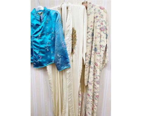 1920's(?) Japanese-style kimono, lacking obi, with a cream satin Chinese-style dressing gown with embroidered peacock on the 