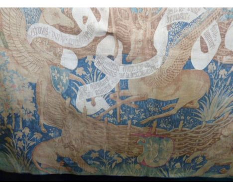 Machine made tapestry, medieval scene, 190 x 150 cm , possibly Belgian, some worn parts