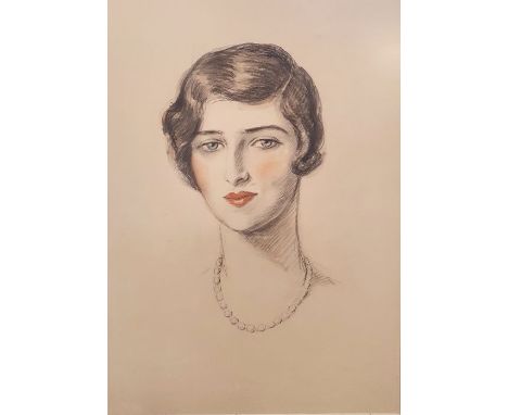 20th century schoolPencil, charcoal and watercolour Portrait of a young woman wearing pearls, unsigned, framed and glazed, 50