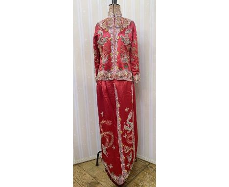 Modern Oriental style embroidered red satin full-length skirt and jacket, heavily embroidered with sequins, bugle beads and d