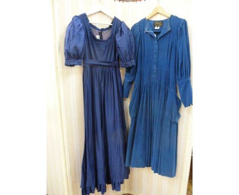 Vintage Laura Ashley , labelled ' Made in Carno, Wales, UK16' maxi dress&nbsp;in blue cotton, pintucked detail to the flounce