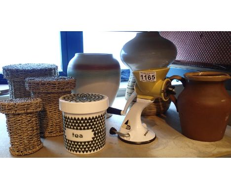 Mixed lot of large vases jugs, a mincer and a tea caddy. Not available for in-house P&amp;P, contact Paul O'Hea at Mailboxes 
