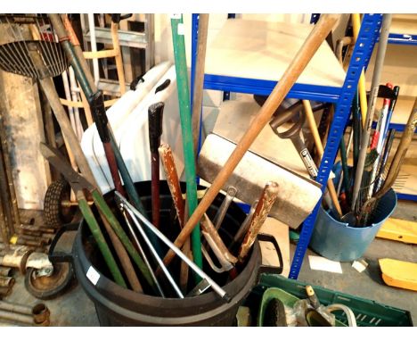 Black plastic dustbin filled with various tools and garden equipment, rakes, shovels etc. Not available for in-house P&amp;P,