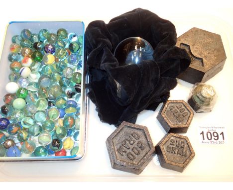 Selection of mixed items to include glass ball, marbles and scale weights. Not available for in-house P&amp;P, contact Paul O