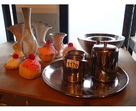 Mixed lot to include tea service on a tray, glass, ceramics and five knitted cakes. Not available for in-house P&amp;P, conta