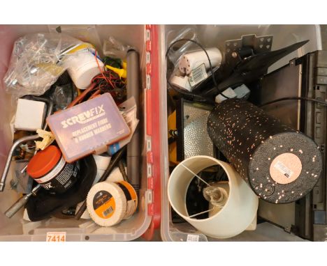 Two boxes of mixed electronics and tools to include a VHS, telephone, an air pump. Not available for in-house P&amp;P, contac