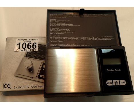Boxed 500gram professional digital mini jewellery scales. P&amp;P Group 1 (£14+VAT for the first lot and £1+VAT for subsequen