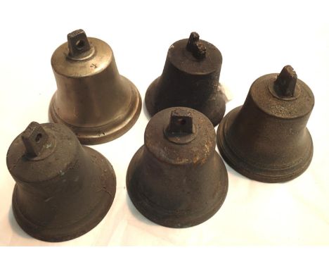Set of five handheld campanology bells, lacking handles. P&amp;P Group 2 (£18+VAT for the first lot and £3+VAT for subsequent