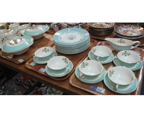 Four trays of Johnson Brothers 'Barratt's Delphatic' white tableware and other similar floral dinnerware items comprising: tw