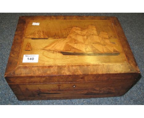 Unusual 19th Century lady's workbox of maritime interest, being overall decorated with inlaid studies of British and other sa