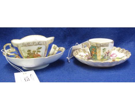 Two continental porcelain cabinet cups and saucers in the style of Meissen and having Augustus Rex type marks. (2)(B.P. 24% i