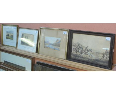 Three landscapes/topographical watercolours, including: W. Payne and a hunting scene in ink and wash. (4)Inv. 47; 28; 30 & 39