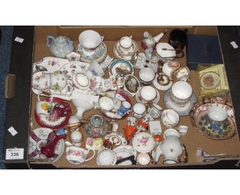 Tray of assorted, mainly miniature, china items, to include: teapots; mugs; cups and saucers; jugs; vases; cabinet cups and s