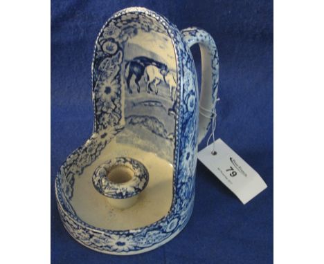 19th Century Staffordshire Pottery 'Pratt's Native Scenery' blue transfer printed chamber candlestick with shielded back and 
