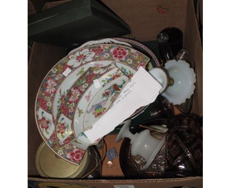 Tray of assorted china, glass and other items to include: 18th Century Chinese deep dish, (very poor condition); Continental 