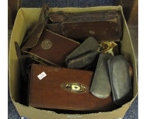 Box of assorted collectables to include: various cased vintage spectacles; Brownie and other vintage cameras; Vega small case