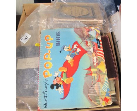 Box of assorted ephemera to include: unframed watercolour sketches and prints; vintage share certificates; magazine extracts 