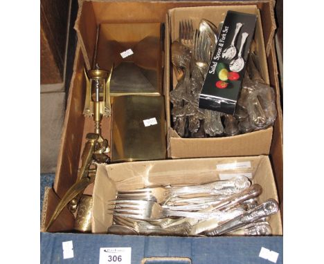 Tray of assorted metalware items to include: various loose plated cutlery; brass corkscrew and bottle opener; brass nutcracke