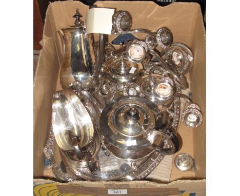 Box of assorted silver plated items, various, to include: two handled serving tray; table candelabrum; hot water jug; sauce b