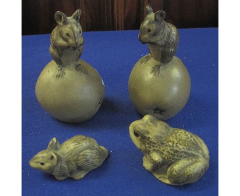 Group of four Poole Pottery matt finish animals, to include: two mice on apples; another mouse and a toad.  Impressed and inc