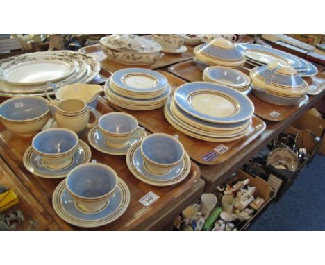 Four trays of Susie Cooper Crown Works, Burslem, tea and dinnerware items comprising: set of three oval graduated meat dishes