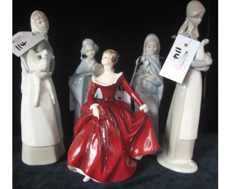 Group of Spanish porcelain figures to include Lladro girl with lamb, Nao girl with duck, Lladro girl with lillies and another