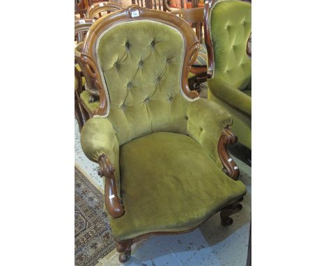 Victorian mahogany button back upholstered, show frame fireside armchair.(B.P. 24% incl. VAT)