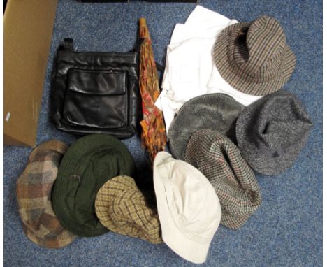 Large box of vintage hats together with a black leather bag by nova, white Laura Ashley linen trousers and a vintage florally