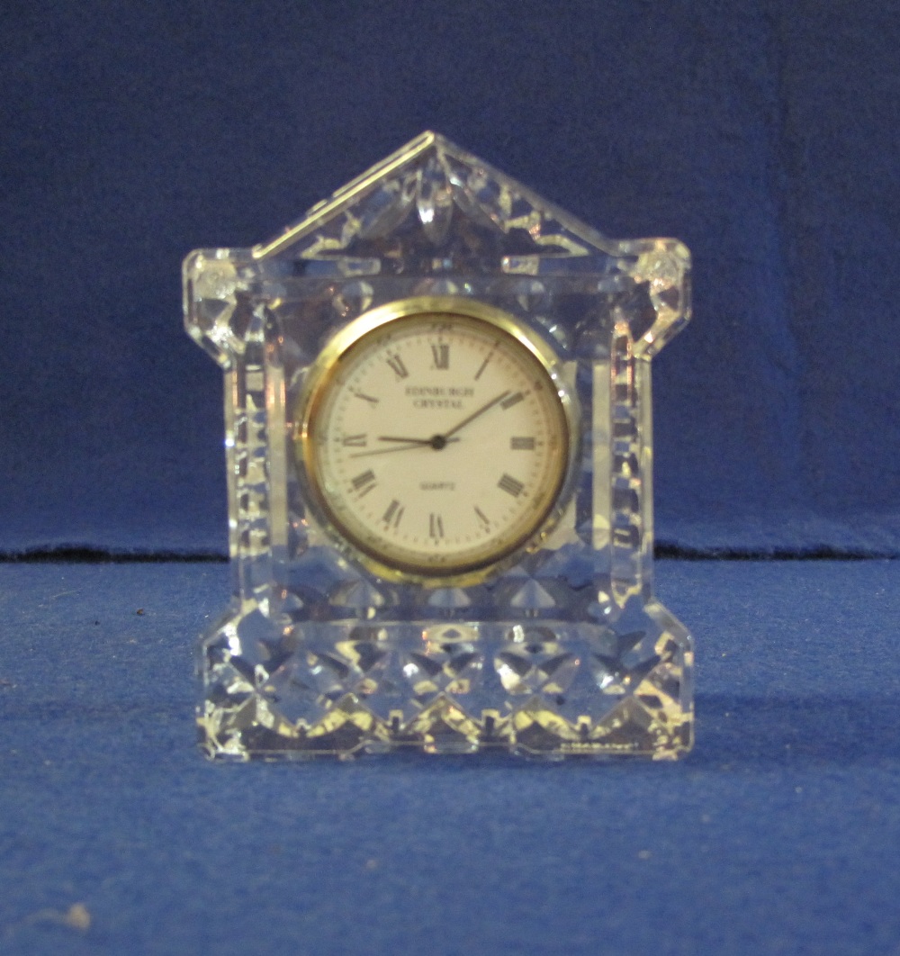 Small Edinburgh crystal glass architectural mantel clock with white