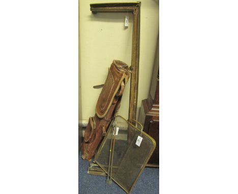 Vintage leather golf bag, brass fender, brass fire screen and a pair of brass fire tongs. (4) (B.P. 24% incl. VAT)