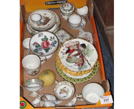 Tray of Continental porcelain items to include; trinket box in the form of bellows; small pedestal stand; fruit design plates